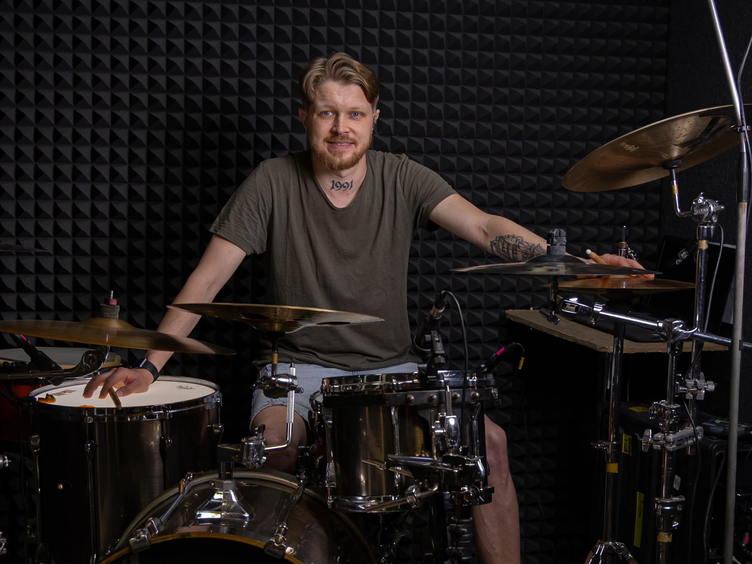 Oleksandr Uliankin at the drum kit at Velikhan Music Academy